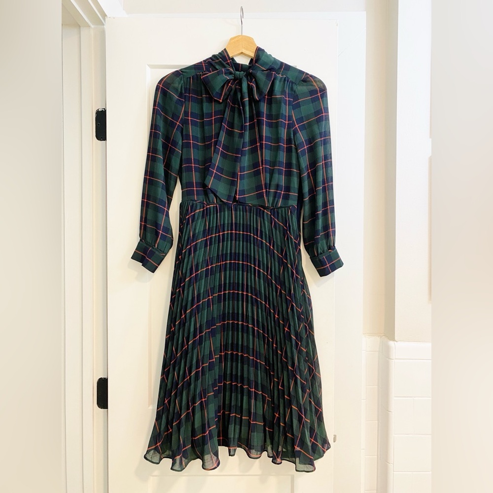J. Crew Tie-neck Pleated A-line Dress in Black Watch Tartan